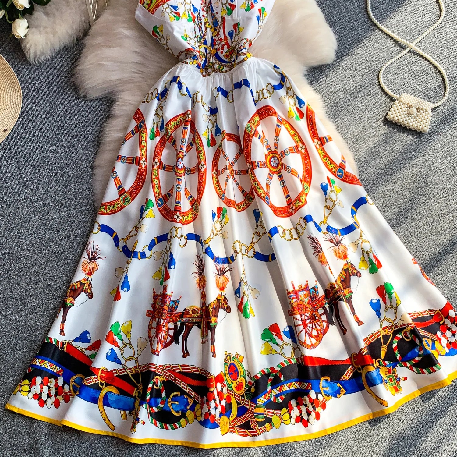 Retro Print Strapless Tube Dress Women's Summer Slimming A-Line Long Dress Court Style with Chest Pad Comfortable Breathable