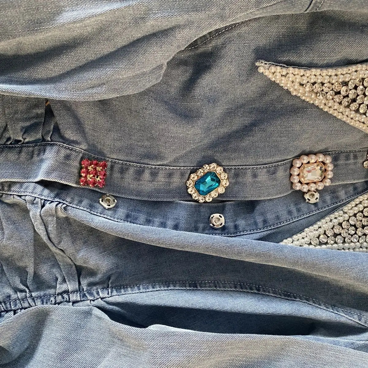 Beaded Denim Shirt Spring Lantern sleeve