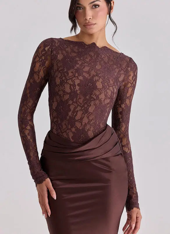 Sexy Women Lace Patchwork Long Sleeve Maxi Dress Elegant Satin Bodycon Evening Party Prom Dress Formal Wedding