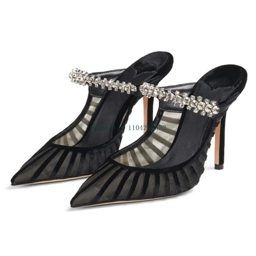 Black Crystal Rhinestone Slippers Sexy Pointed Toe Stiletto