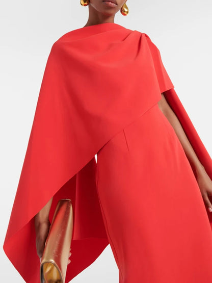 Elegant Red Dress Cape Sleeve Asymmetrical