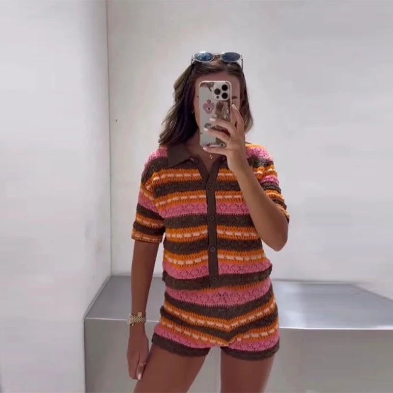Knitting Stripe Shorts Set