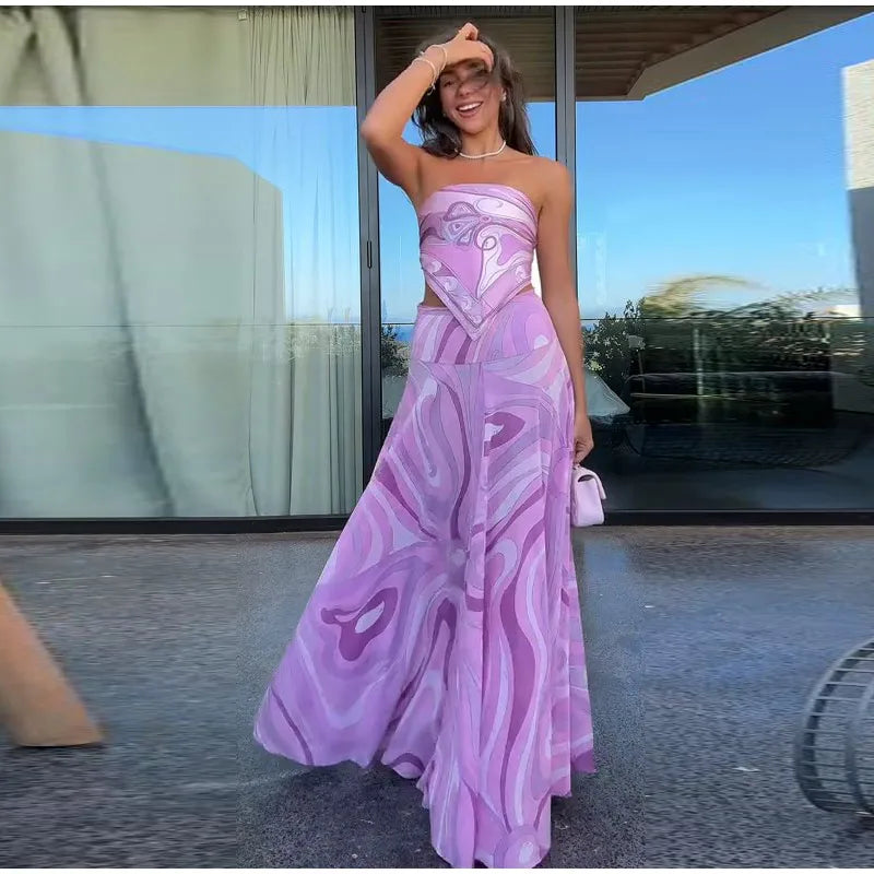 Printed Strapless Pink Skirt Set