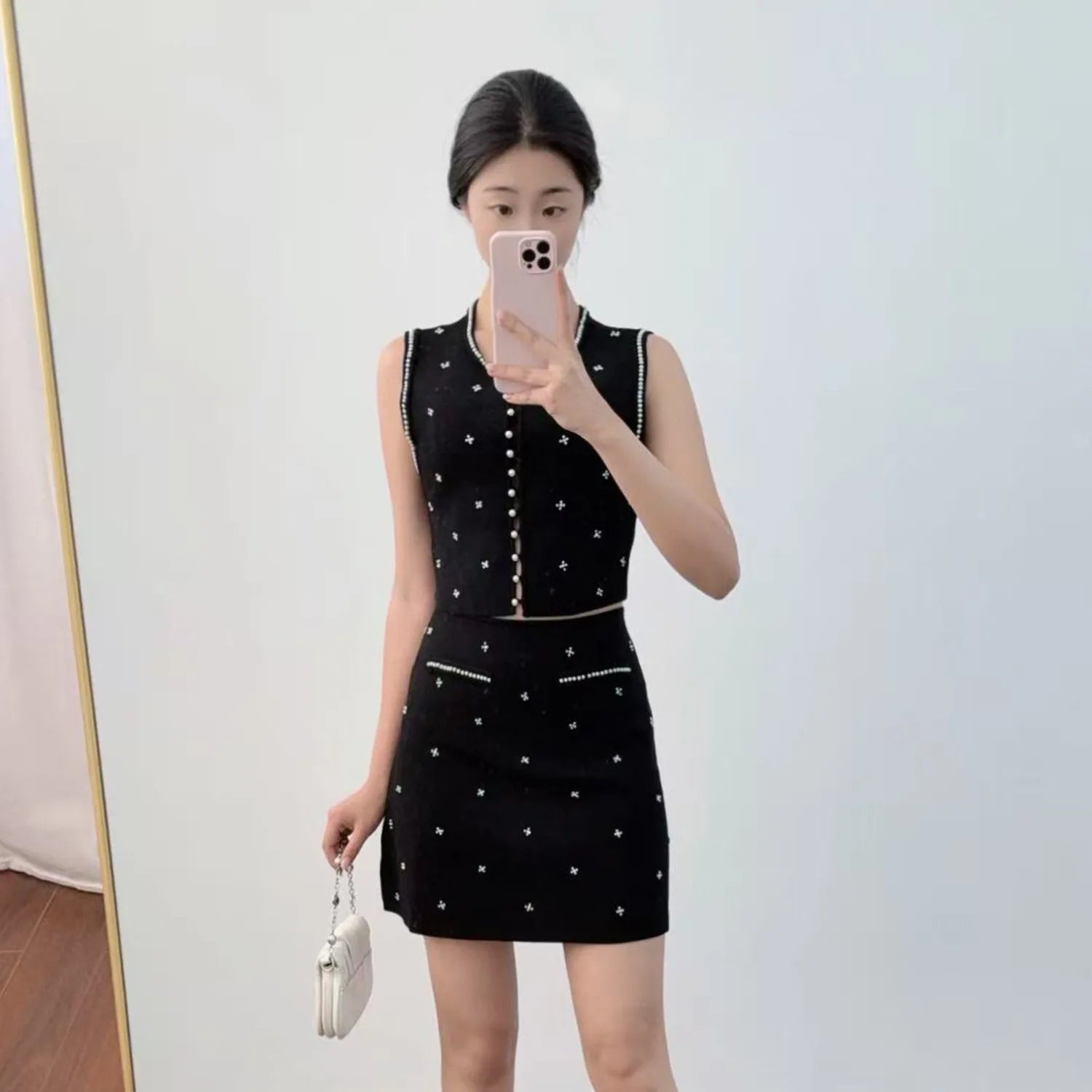Sandro Summer New French Style Heavy Beaded Slim Fit Black Round Neck Sleeveless Top + Skirt