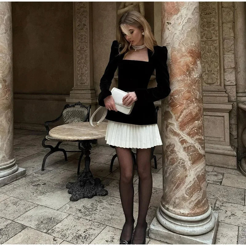Pleated Velvet Black Fashion Mini Dress Elegant Square Neck Shoulder Contrasting Hem Midi Dresses Lady Evening Party Vestido