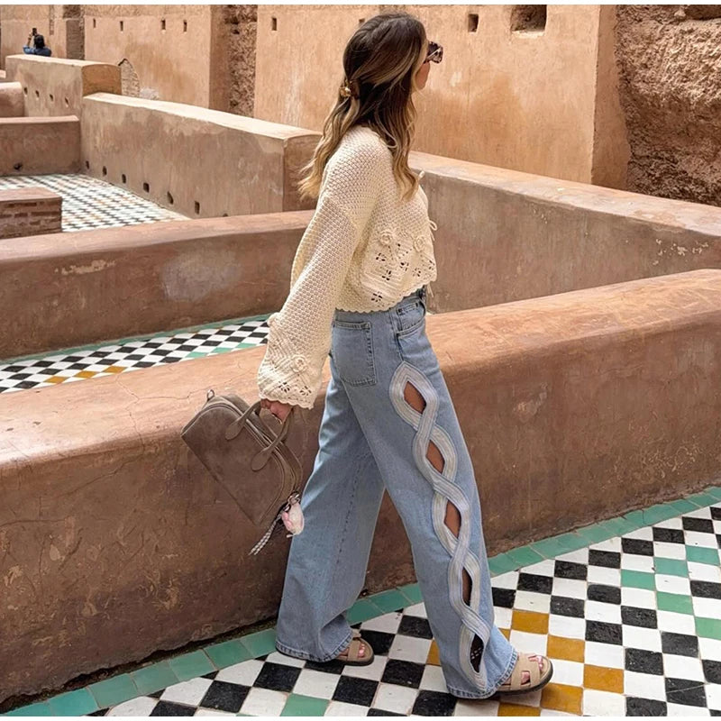 Fashion Side Hollow Out Jeans Women's High Waist Straight Leg Denim Pants 2026 Summer New Lady Trendy Casual Streetwear