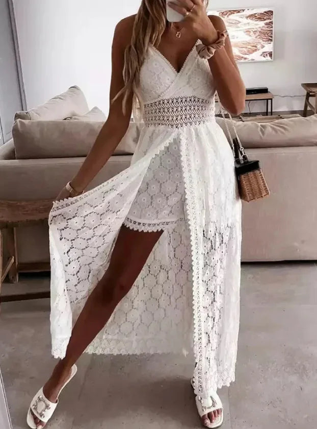 Women's Lace Playsuit Dr V Ne Hollow out Irregular High Waist Svel Fairy Skirt Sle Commute Single Piece Ci Walk - Shellss