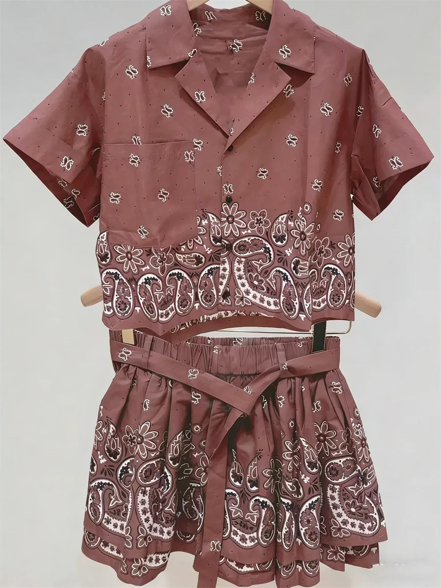 100% Cotton Women Single Breasted Vintage Print Shirt Tops + Lace-Up Shorts Summer - Shellss