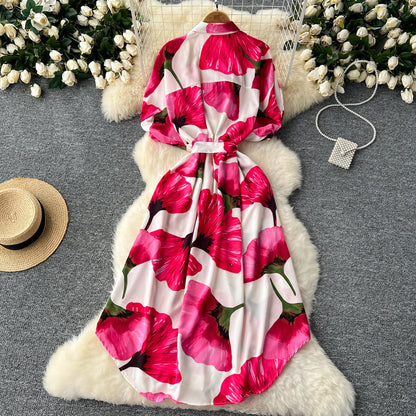 Vintage Satin Floral Pink Red