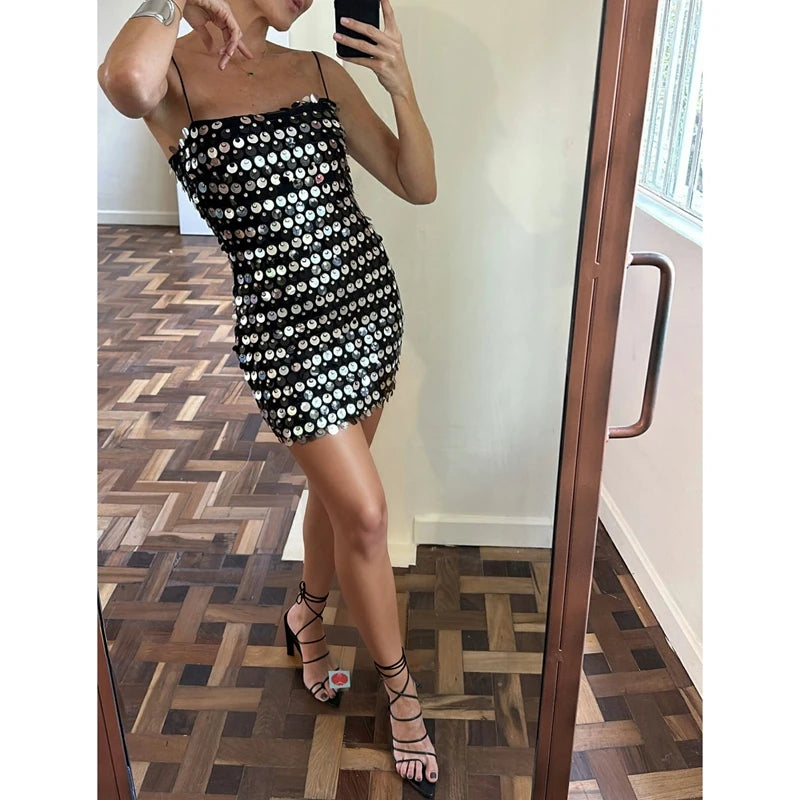 Women Party Club Shiny Sequined Backless Cami Dress Y2k Sparkly Slim Fit Adjustable Thin Spaghetti Strap Mini Bodycon Slip Dress