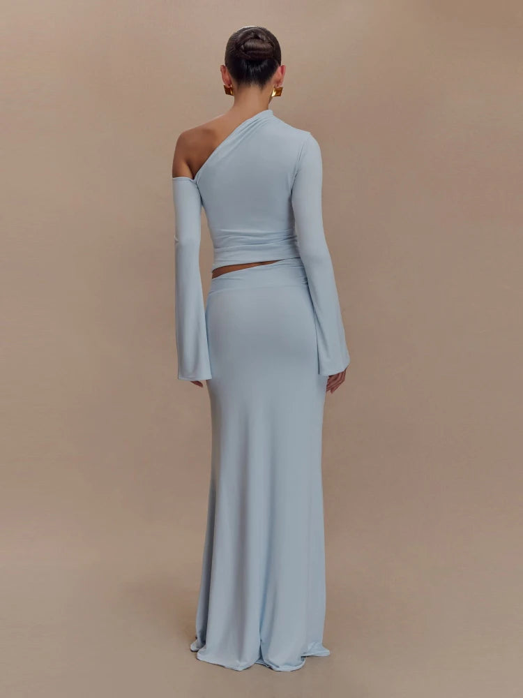 Women's Metal Flower Skirt Two Piece Set Sexy Slanted Neck Long Sleeves Top + Slim Long Skirt Suits Celebrity Party Cocktail