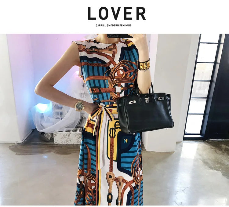 H Han Queen Hot Sales Korean Women's Summer Sexy Prints Work 2 Pieces Set Sleeveless Tops & A-Line Long Skirt Korean Skirt Suit