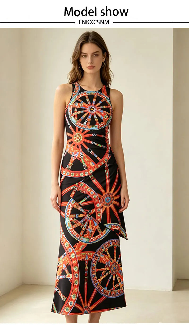 Fashion women's new round neck sleeveless dress colorful wheel print slim irregular temperament dress elegant holiday party dres - Shellss