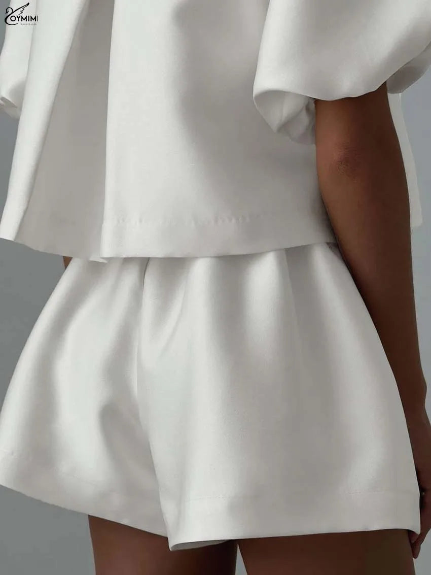 White Satin 2 Piece Sets Puff Sleeve
