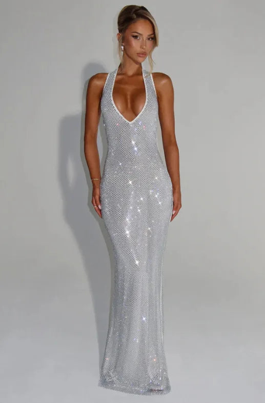 Backless Sequin Nightclub Sexy Party Dress Women Halter  Spring Summer Dress Slim Bodycon Maxi Long Dresses