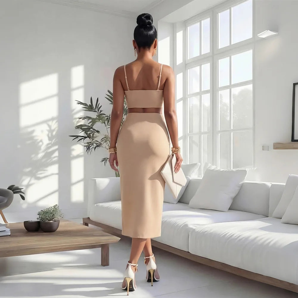 2 Piece Sets Tops And Skirt Elegant Women Sleeveless Sexy Midi Dress Fashion Evening Ladies Street Party Vestidos Summer