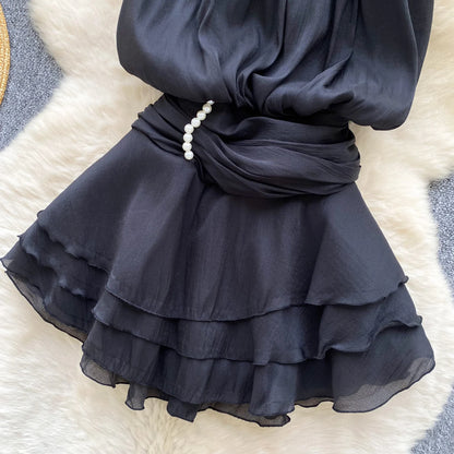 Chiffon Pearl Halter Mini Dress