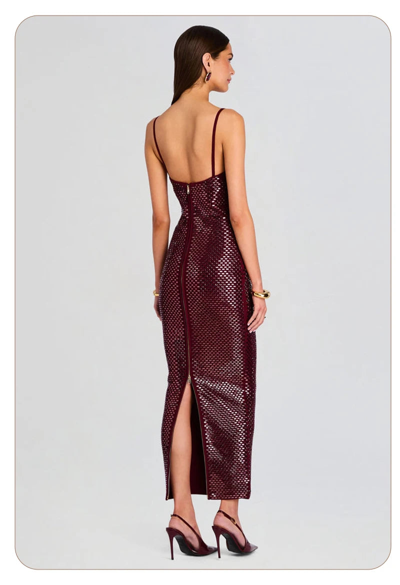 Burgundy Sequin Spaghetti Strap Midi Dress Bodycon Sparkly Evening Party Cocktail Formal Dress Women's Slim Fit Backless Gown