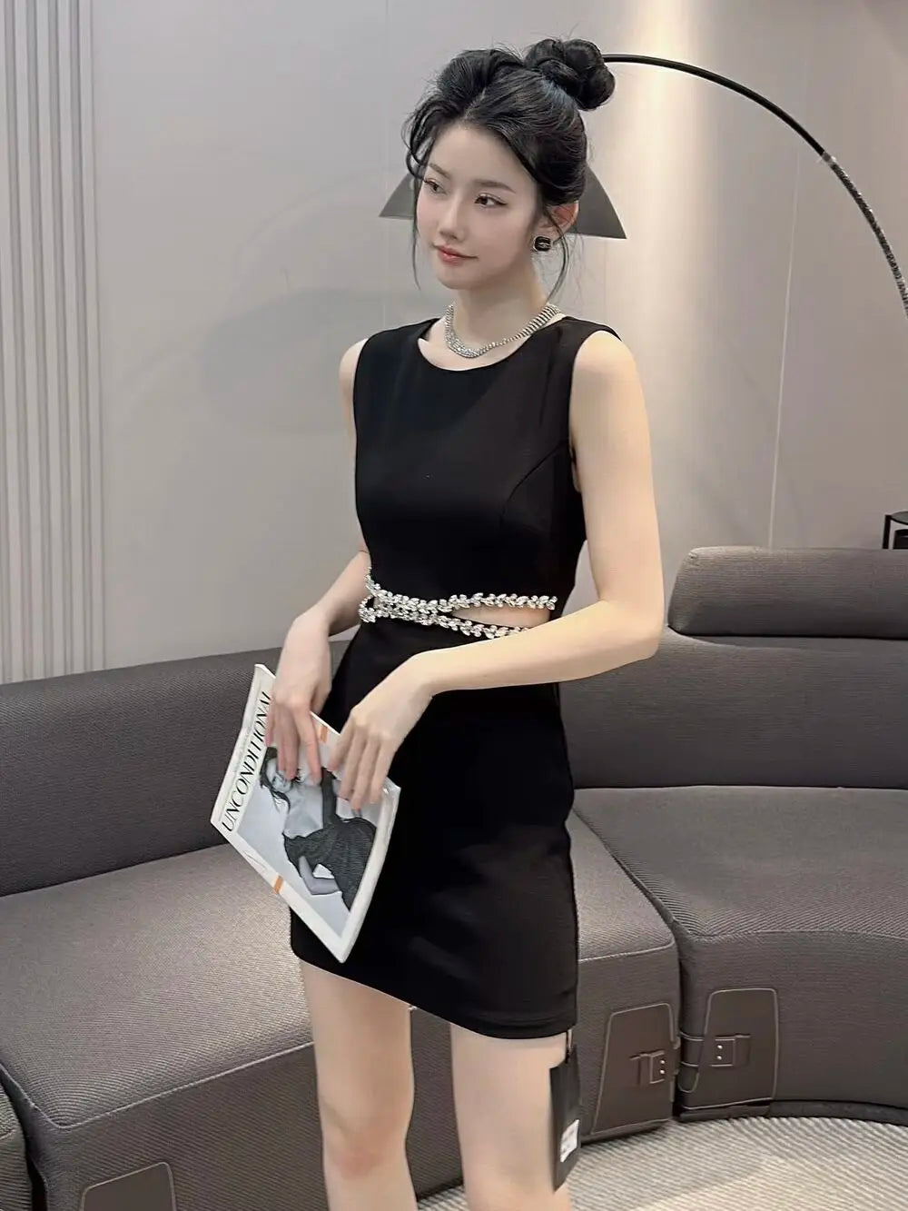 Women's Clothing High-end Versatile Sexy Dress Summer Dress Diamond Slimming Y2k Dress Mini Diamond-encrusted Elegant Black