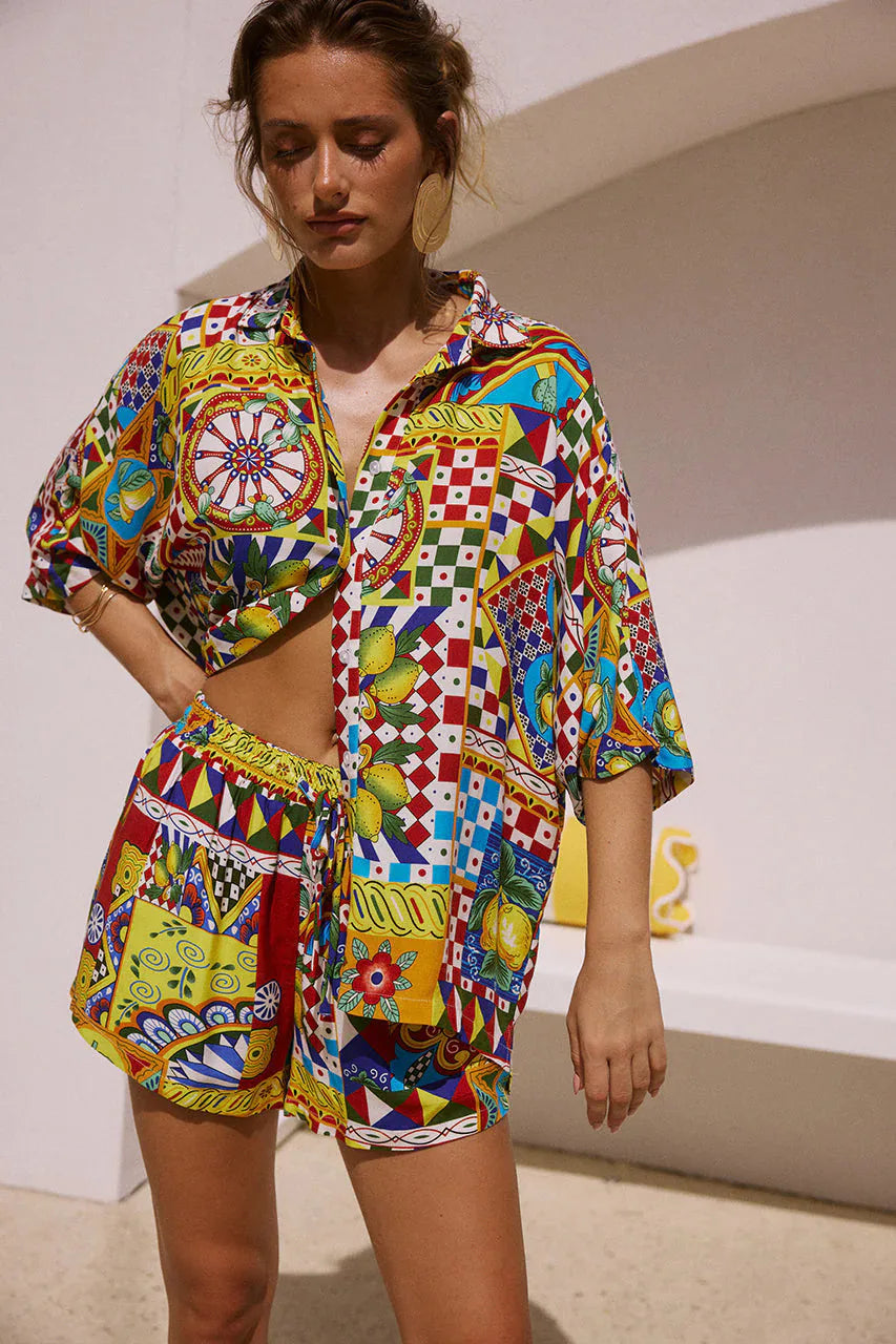 Summer Women's New Classic Printed Women's Pajamas 2-piece Set Half-sleeved Lapel Shorts Pajamas Set Casual Women's Home Clothes - Shellss