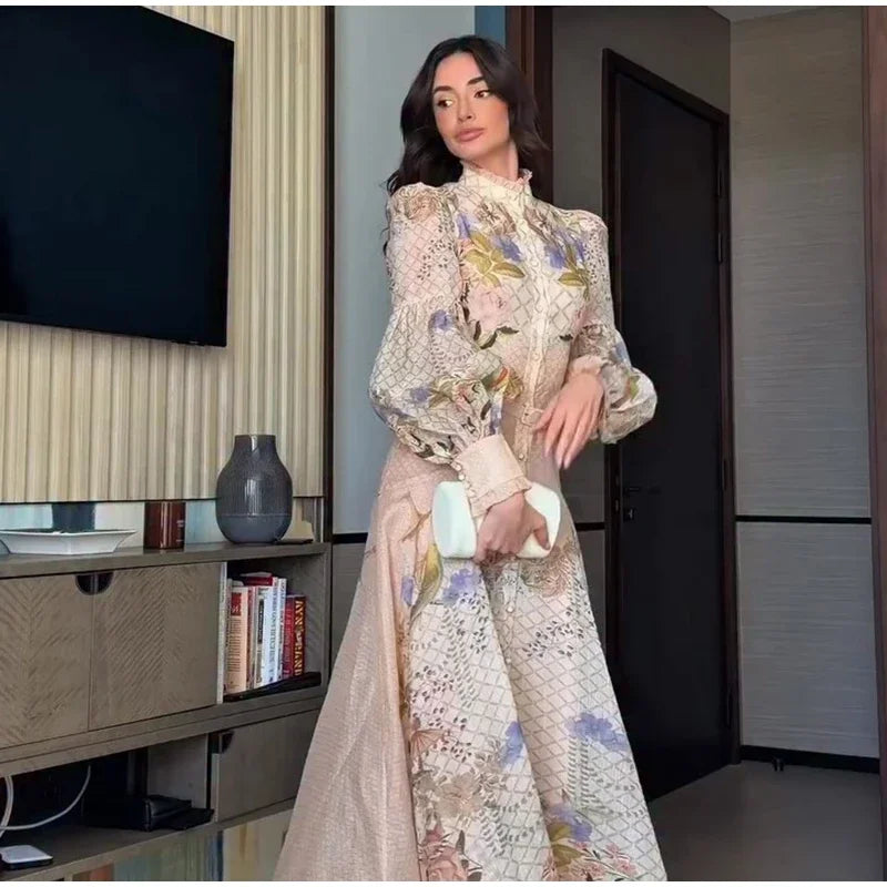 Floral Print Women Dress Button Down Mock Neck Maxi Dresses Long Lantern Sleeve A-Line Waist Belt Flared Hem Elegant Streetwear - Shellss