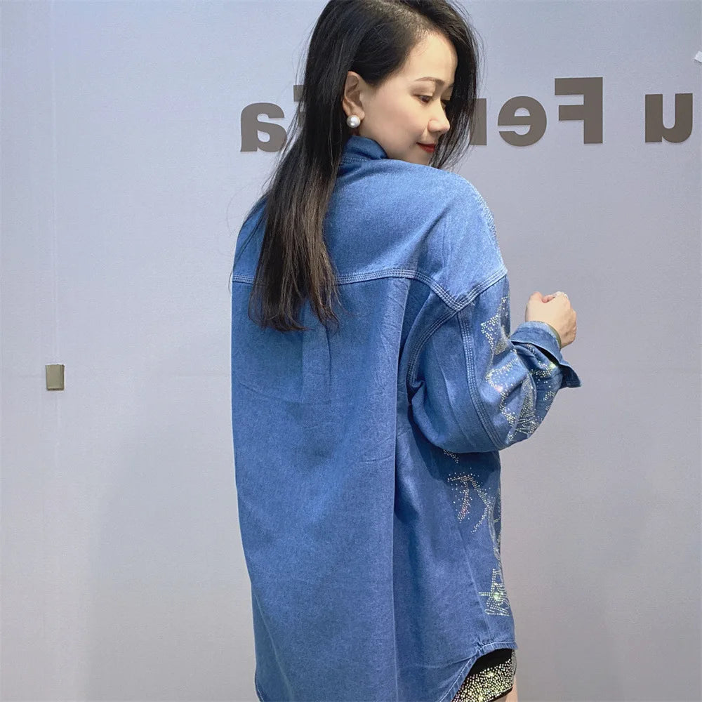 Women Hot Drilling Animals Sequined Denim Shirt Autumn Rhinestones Jeans Jacket Crystal Cowboy Cardigan Single Breasted Tops