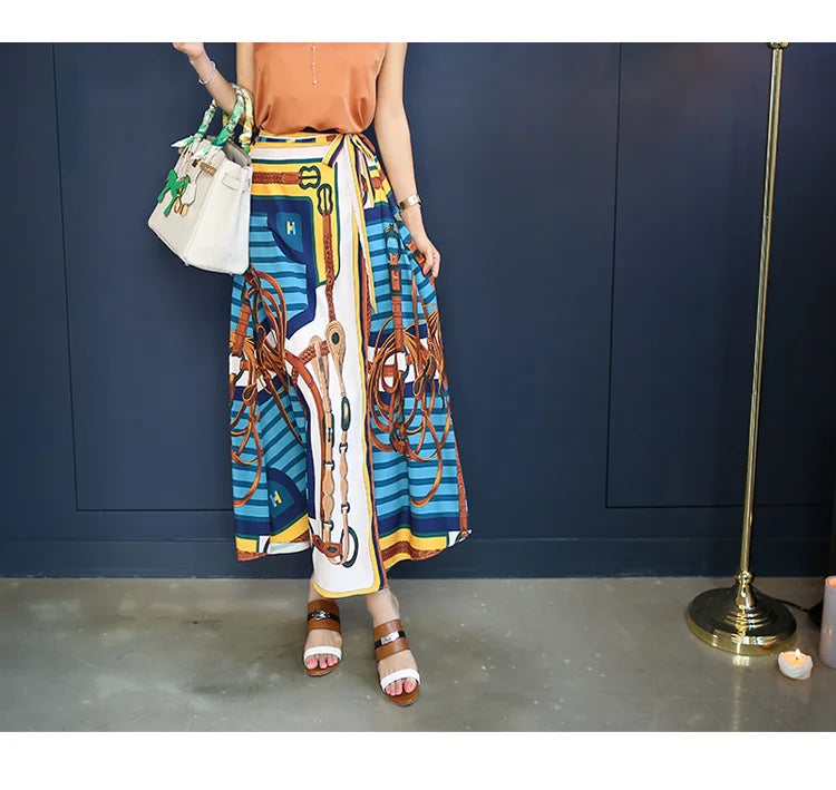 H Han Queen Hot Sales Korean Women's Summer Sexy Prints Work 2 Pieces Set Sleeveless Tops & A-Line Long Skirt Korean Skirt Suit