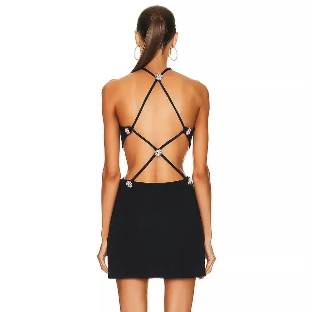 Sexy Black Miniature Black Dress Hot Sale Of The Season New Style Wrap Skirt Super Short Party Gown Diamond Back Hanging Neck Wa