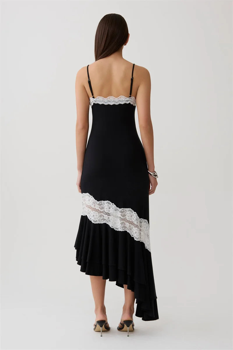 Mozision Women Spaghetti Strap V‑Neck Sexy Midi Dress Contrast White Lace Patchwork Ruffle Hem Bodycon Party Evening Dresses