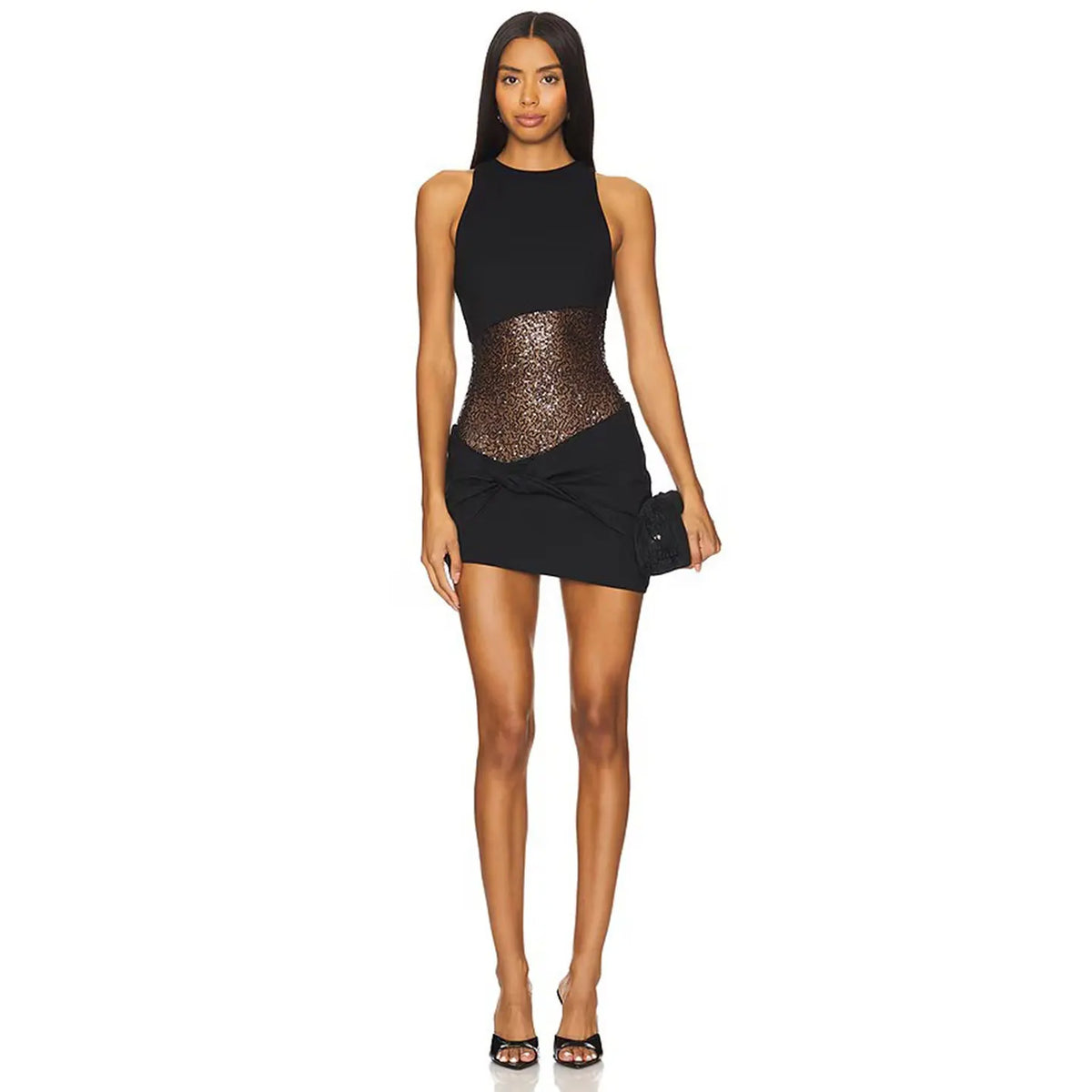 Women Sexy Spicy Girl Party Mini Dress Crew Neck Sleeveless Sequin Patchwork Twisted Knot Bodycon Short Dress Nightclub Banquet