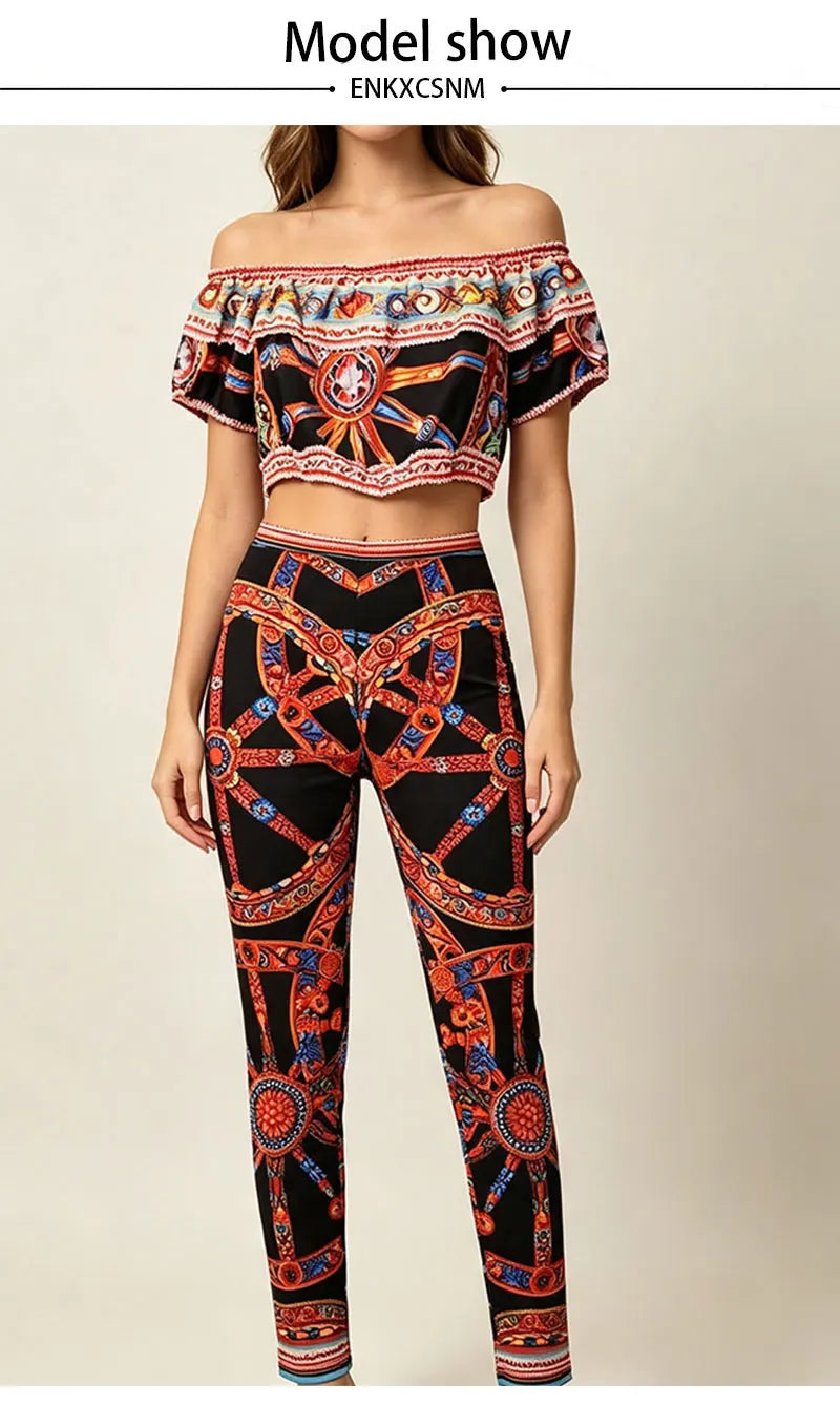 Summer New 2026 Printed Two-Piece Suit with One-Word Collar Sexy Waist-Exposed Top And Elastic Waist Slim Trousers for Holiday - Shellss