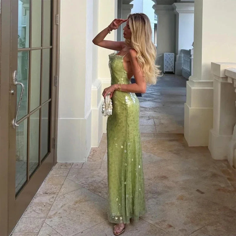 Sequin Deep V-neck Long Dress Women Chic Sleeveless Spaghetti Strap Backless Mermaid Robes Lady Sexy Evening New Party Dresses
