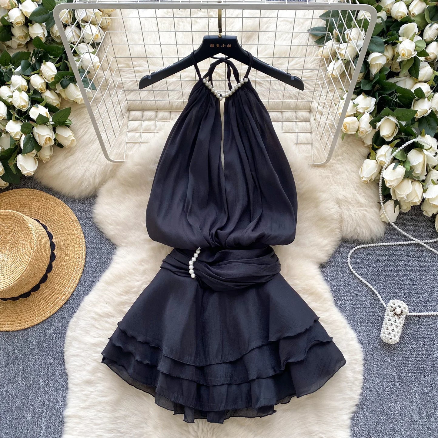 Chiffon Pearl Halter Mini Dress