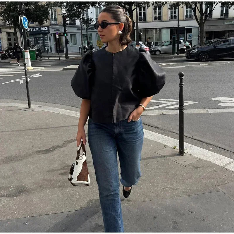 Elegant Button Puff Sleeve Top
