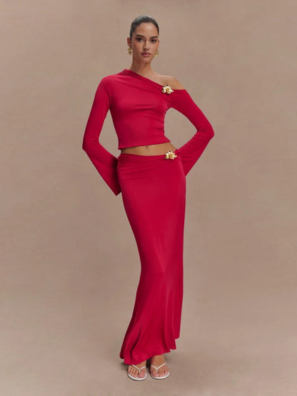 Women's Metal Flower Skirt Two Piece Set Sexy Slanted Neck Long Sleeves Top + Slim Long Skirt Suits Celebrity Party Cocktail