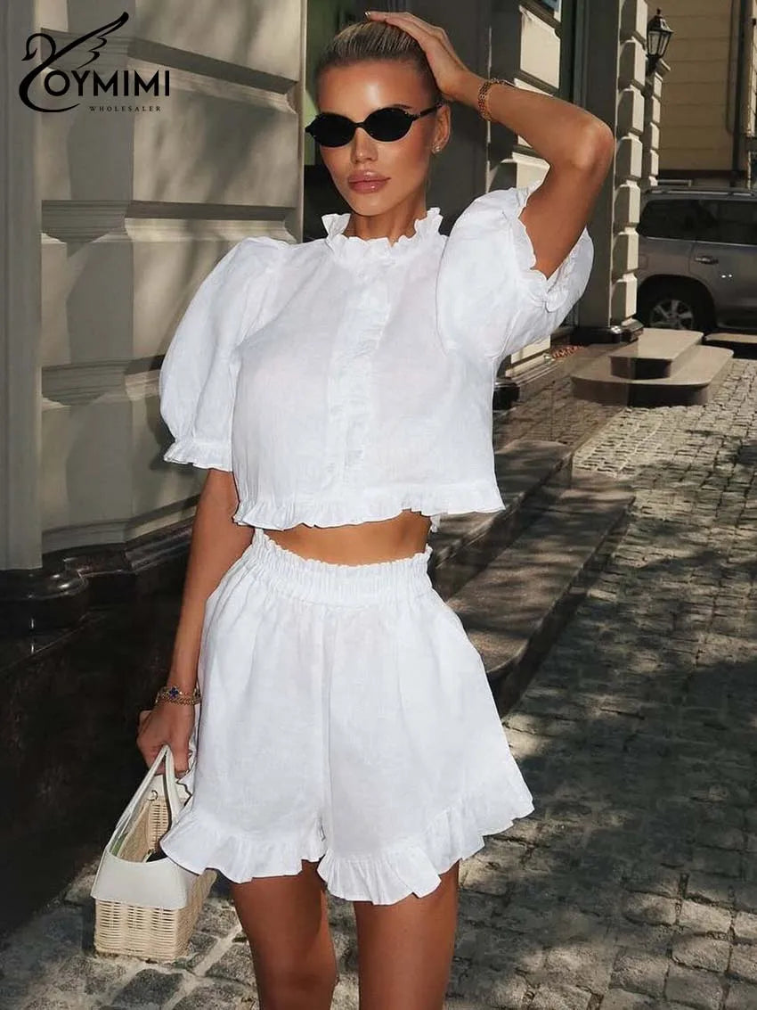 Oymimi Elegant White Cotton Two Piece Set Woman Fashion Ruffled Neck Puff Sleeve Button Crop Shirts And High Waisted Shorts Sets - Shellss