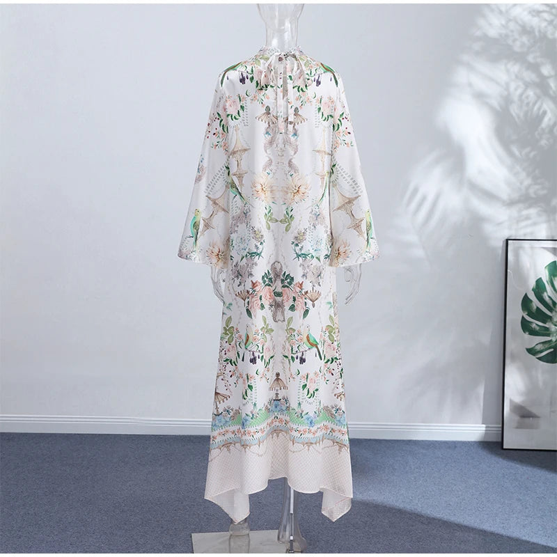 Floral Print Women Dress Button Down Mock Neck Maxi Dresses Long Lantern Sleeve A-Line Waist Belt Flared Hem Elegant Streetwear - Shellss