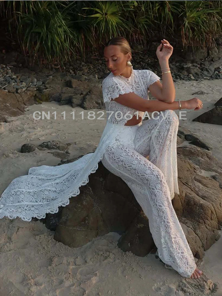 Casual Lace Long Coats Pant Set Women Solid See Through Tops Long Straight Pants Sets Female 2026 Spring Summer Lady Suits