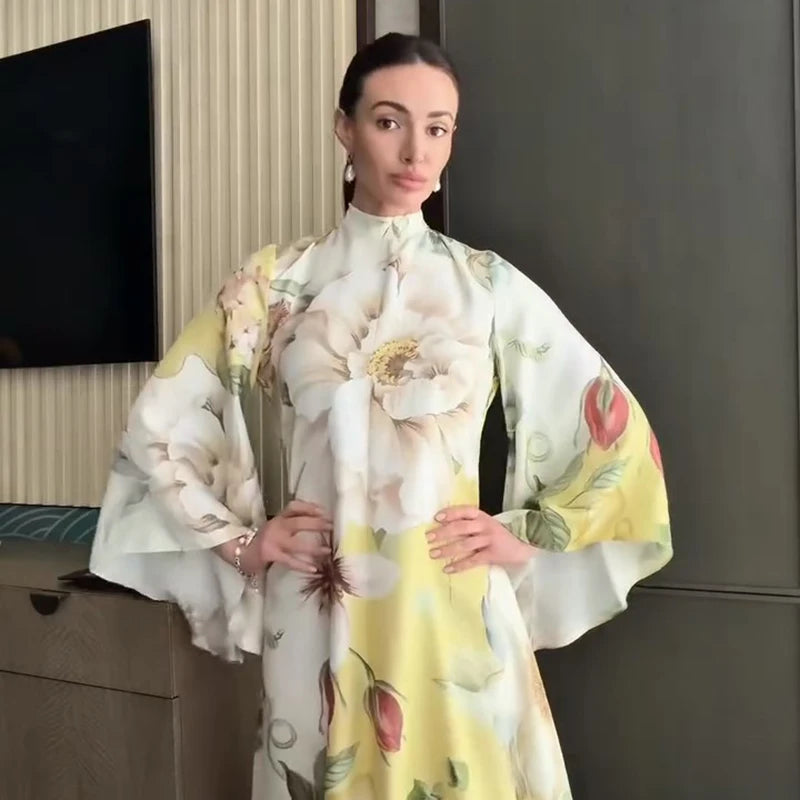 Floral Print Women Dress Button Down Mock Neck Maxi Dresses Long Lantern Sleeve A-Line Waist Belt Flared Hem Elegant Streetwear - Shellss