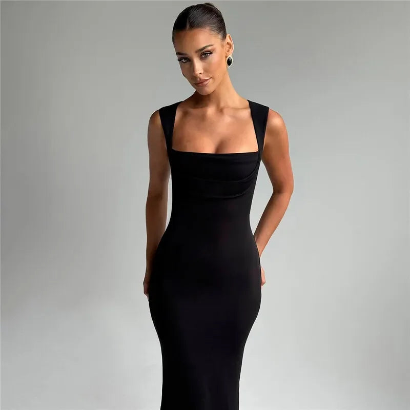 Square Collar Sleeveless Sexy Maxi Dress For Woman Fashion Spring Summer New High Waist Bodycon Club Party Long Dress - Shellss
