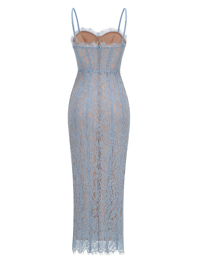 Sexy Spaghetti Strap V Neck Lace Long Dress Women Black Floral Lace Sleeveless Bodycon Dresses Elegant Evening Celebrity Party - Shellss