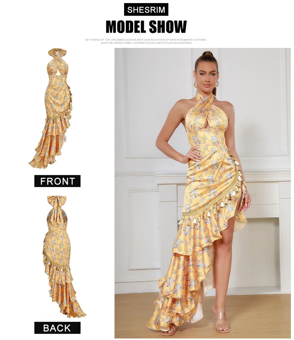 Beautiful Yellow Neck Fringe Floral Skirt Sexy Sleeveless Dress