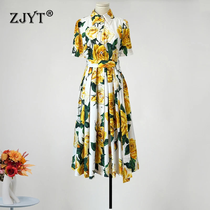 Yellow Roses Midi Dress Cotton