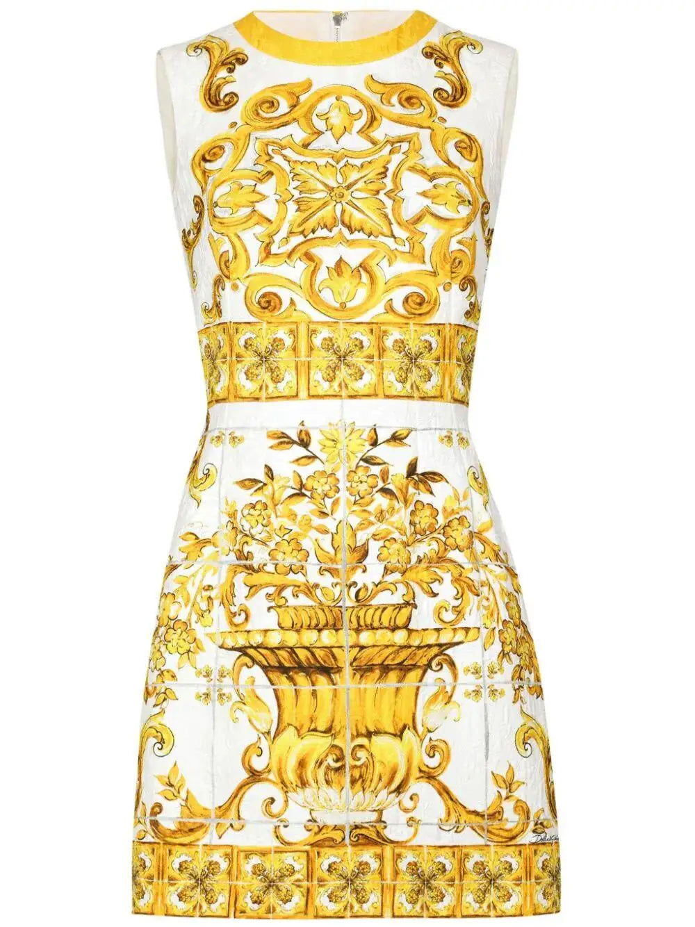 Street Style Floral Print  Dress Waist Cinched Sleeveless round Neck Vest Dress Yellow Porcelain Pattern Summer New Arrival - Shellss