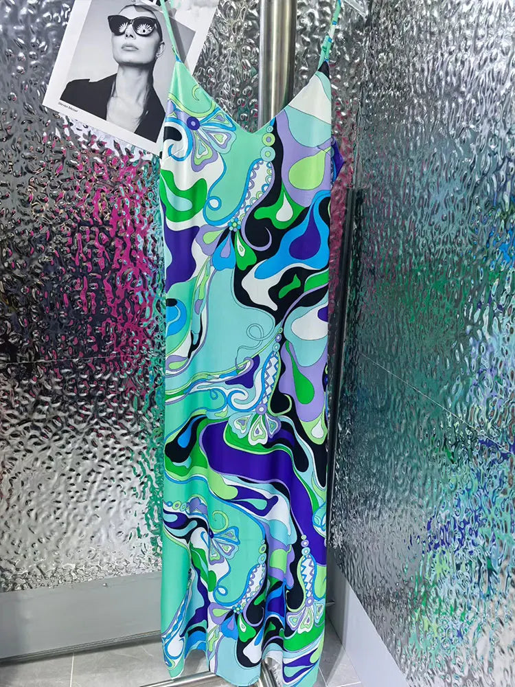 Sexy Summer Women's New Satin Elegant Dress V-Neck Thin Shoulder Strap Geometric Printing Suspenders Elegant Party Holiday Dress