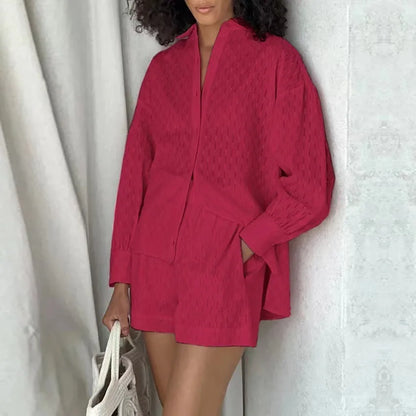 Elegant Jacquard Solid Color Shirt & Shorts Two-Piece Set