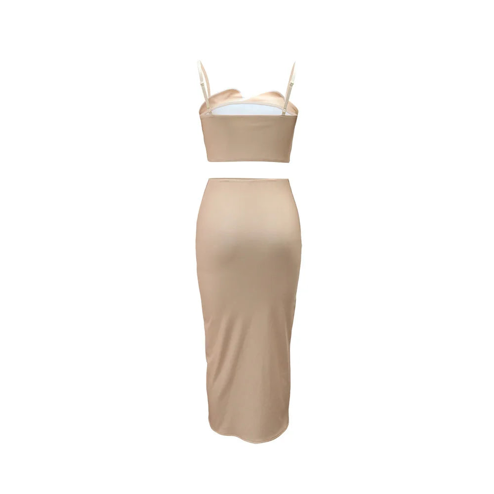 2 Piece Sets Tops And Skirt Elegant Women Sleeveless Sexy Midi Dress Fashion Evening Ladies Street Party Vestidos Summer