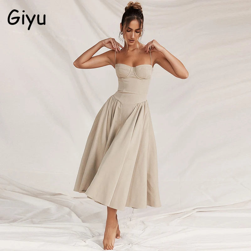 Giyu Sexy Evening Party Dress Women 2024 Summer Elegant Vintage Pleated Dresses Spaghetti Strap Backless Holiday Robe Femme