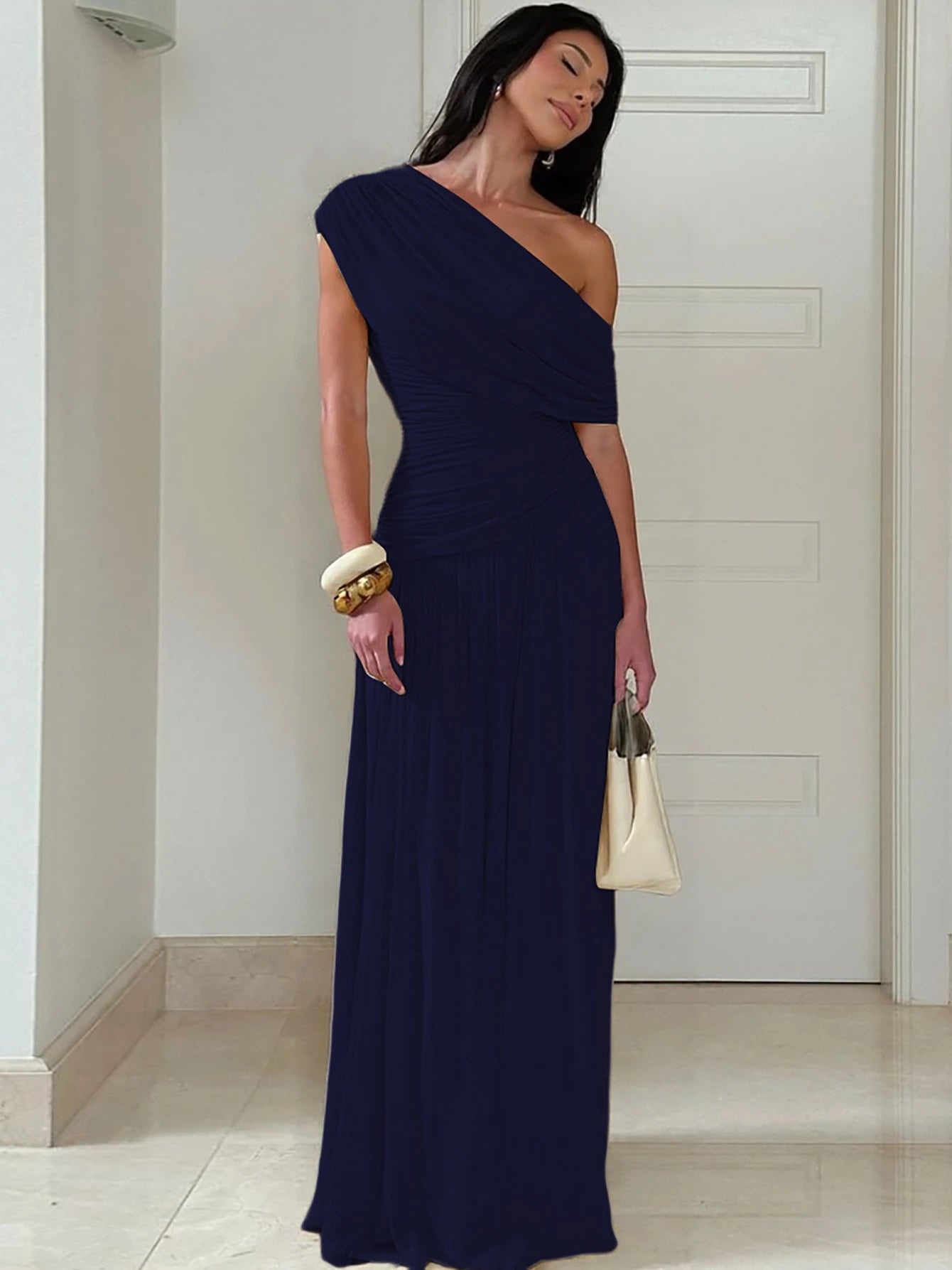 Hugcitar One Shoulder Ruched Sleeveless Solid Pleated Sexy Irregular Y2K Maxi Dress Summer Elegant Party Women Clothes Vacation - Shellss