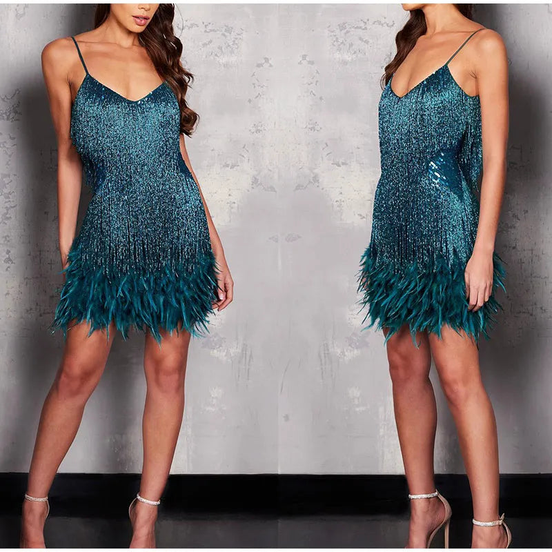 Tassel Sequins Feather Mini Dress